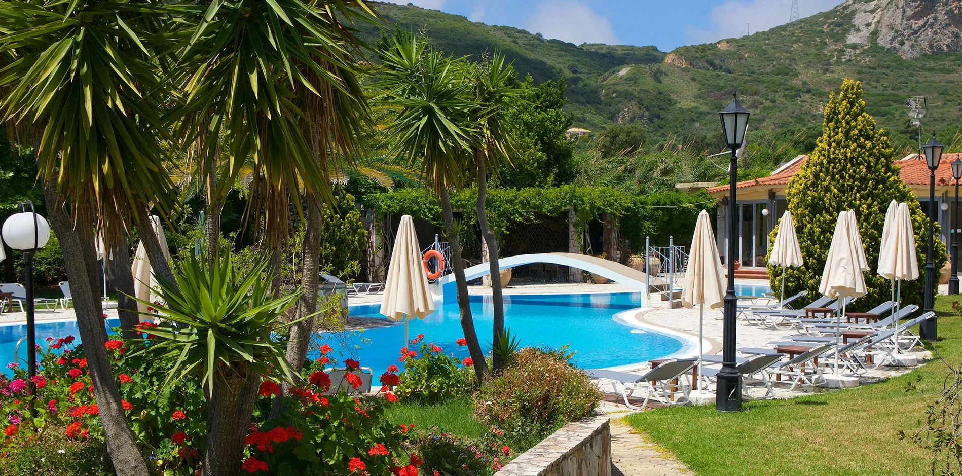 Outdoor pool area at hotel in Katelios Kefalonia